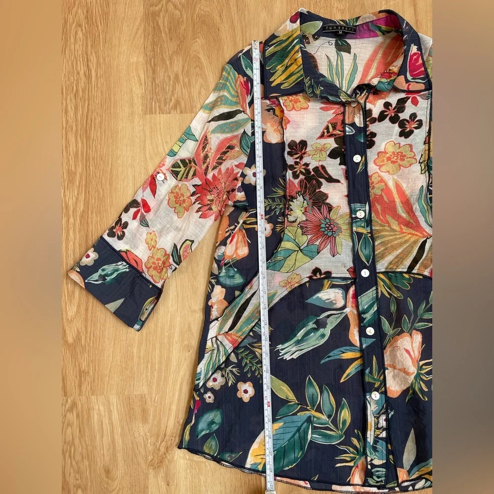 Floral patchwork blouse button down shirt tunic tropical Signals Funsport medium